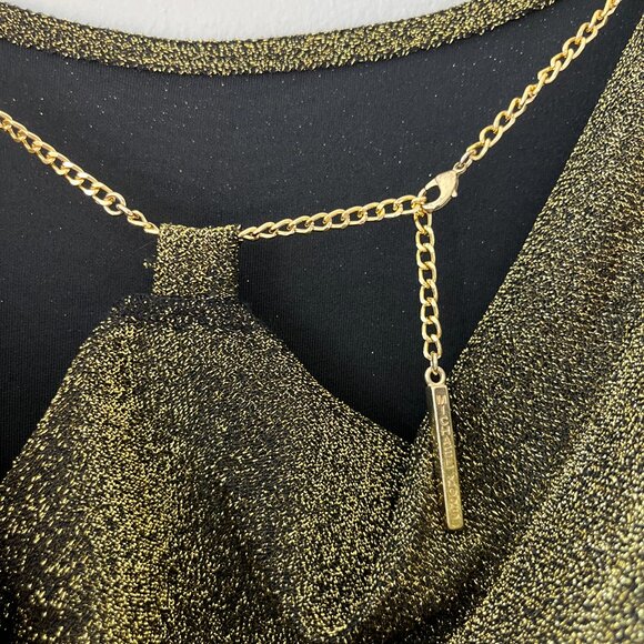 Michael Kors Sz M Black Gold Metallic Stretch Midi Dress Back Chain Long Sleeve - Picture 4 of 10